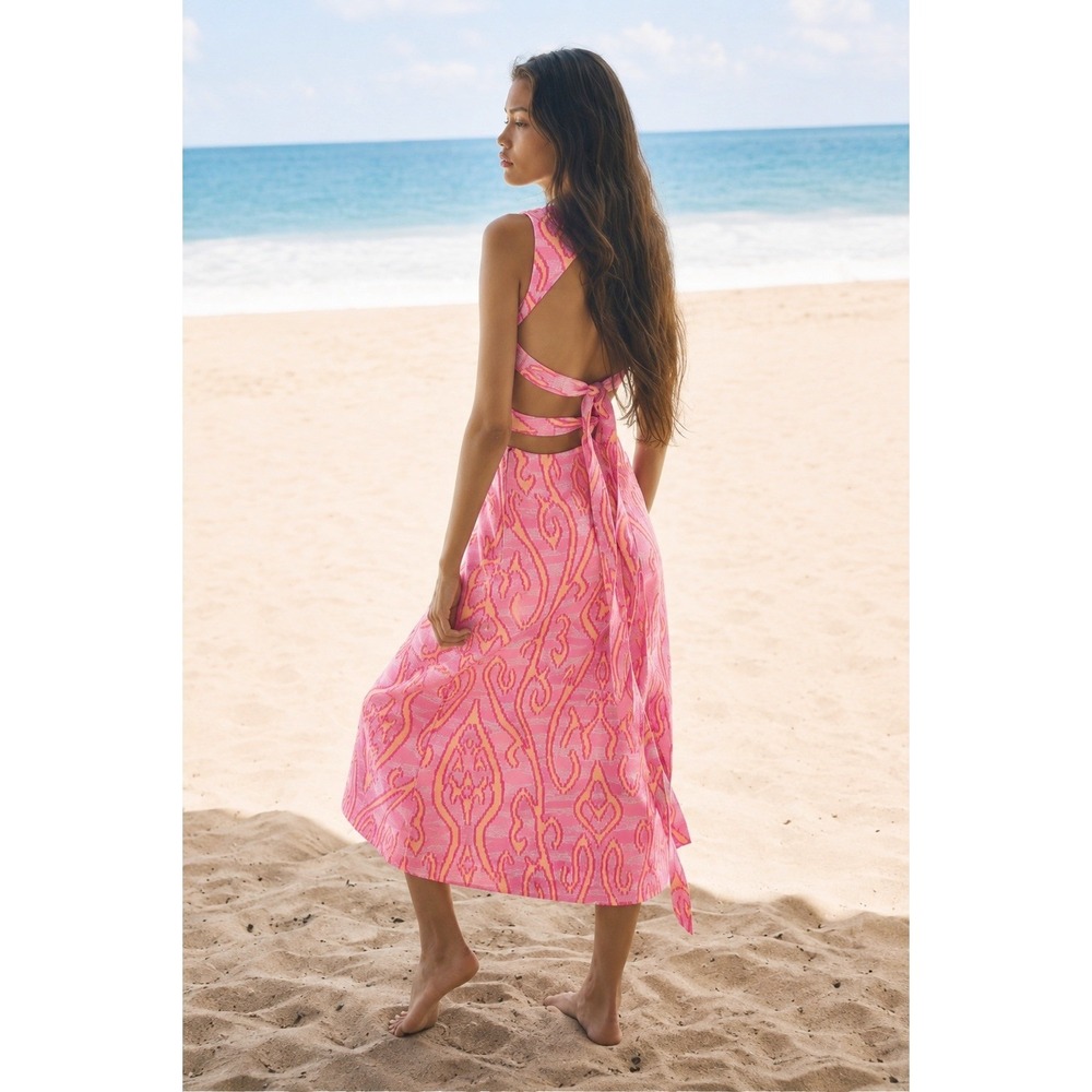 Alexis Silvio Dress Pink Ikat Jacquard Cut-Out Tie Back Midi Dress Womens XL NEW
